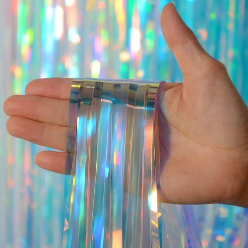 Melsan Iridescent Foil Fringe Backdrops Party Decorations - 3.2 x 6.5 ft Metallic Tinsel Photo Backdrop Curtains for Mermaid Unicorn Birthdays Parties - Iridescent 2 Packs