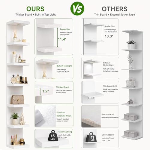 LitaEther 7-Tier White Wall Shelf with LED Remote Control Light - Floating Storage & Display Shelf