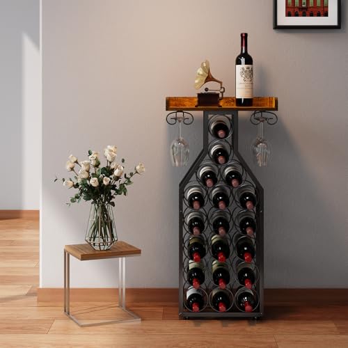 X-cosrack Freestanding Wine Rack for 19 Bottles with Glass Holder, Home Bar & Kitchen Storage