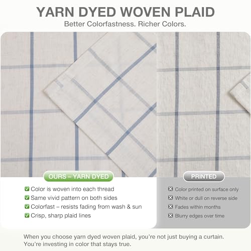 Cornflower Blue Plaid Linen Blackout Curtains 40x108 Pack of 2 - Thermal Insulated, Pinch Pleated Room Darkening Drapes