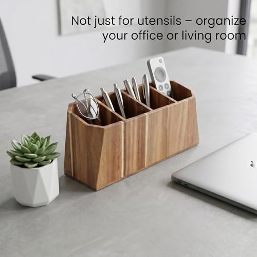 Extra Large 4-Compartment Acacia Wood Kitchen Utensil Holder - Rustic Farmhouse Countertop Storage Caddy