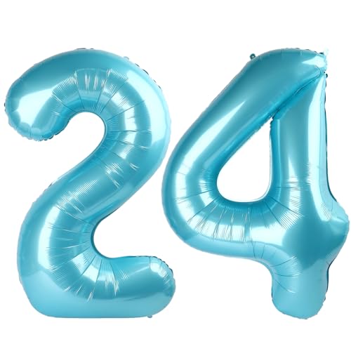 Pearlescent Blue Number 24 Balloon 40 inch, 24 Number Balloons, 24th Birthday Decorations, 24 Year Old Women Men Pearlescent Blue Party Supplies