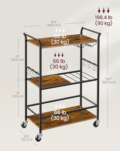 VASAGLE Rustic Brown & Matte Black Bar Cart with Wheels, Wine Rack & Glass Holder 25.4"D x 12.6"W x 33.7"H