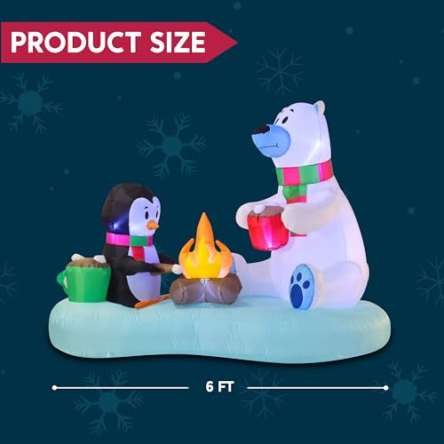 Joiedomi 6 ft Christmas Inflatable Polar Bear & Penguin with Campfire (Fire Bear) – Built-in LEDs, Lawn Decor