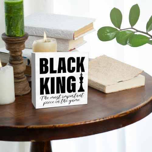 Black King Decor Wooden Box Sign, Inspirational African American Men Desk Decoration Afro Boy Black Men Home Office Bedroom Living Room Decor, Black King Gifts for Men, White