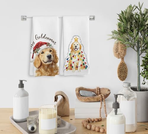 NOQL Golden Retriever Dog Christmas Kitchen Towels Set of 2, 16x24 Inch Holiday Hand Towels