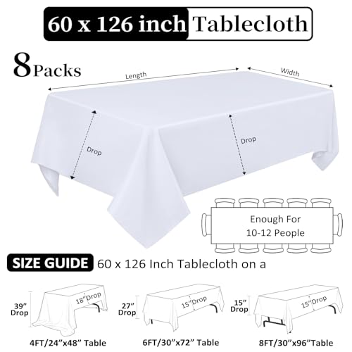 Heneger 8 Pack White Rectangular Table Cloth 60 x 126 Inch for 8ft Tables - Water Dyeing Polyester