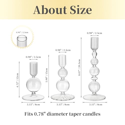 Hewory Clear Glass Candlestick Holders Set of 3 - Elegant Taper Candle Holders