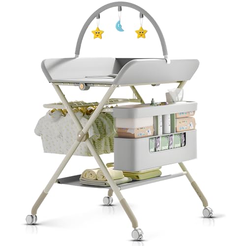 Portable Baby Changing Table with Wheels - Grey, 5-Level Adjustable Height & Large Storage
