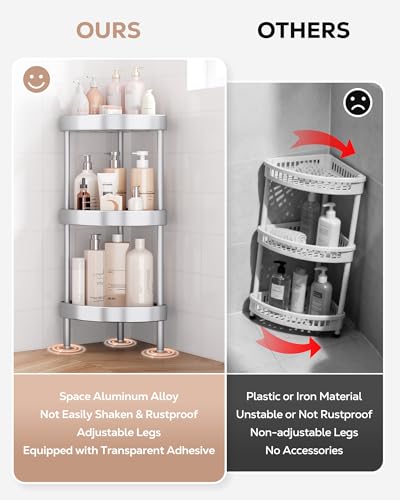 NiEfi 3-Tier Aluminum Corner Shower Caddy - Rustproof Silver, Adjustable Legs