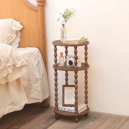 Small Round End Table with 3-Tier Open Shelves - Walnut Brown