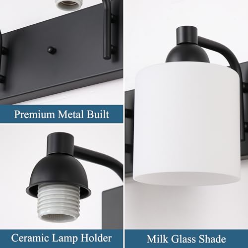 Milk Glass Vanity Wall Light Fixture - Matte Black 3-Light Bathroom Sconce - Over Mirror