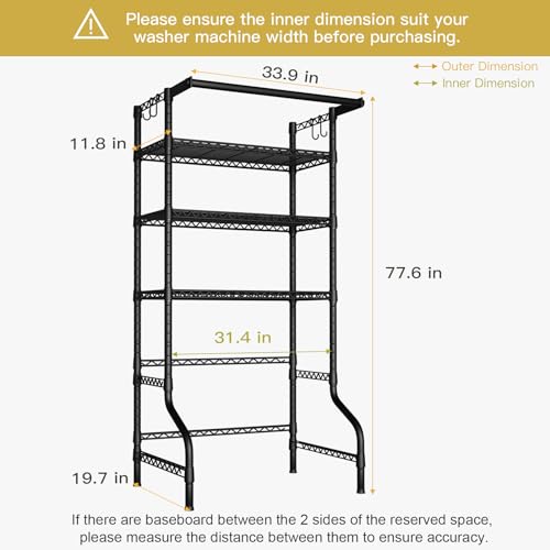 Ulif U11 Black Laundry Shelving Unit - 3-Tier Washer & Dryer Organizer, Adjustable Steel Standing Rack, 33.9 x 19.7 inches