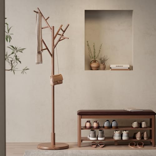 Muwuele Walnut Coat Rack Tree with 12 Hooks, Adjustable Height Freestanding Organizer