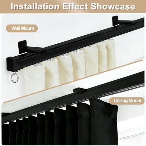 Ceiling Curtain Track System 3ft-6ft Heavy Duty Wall Mount Sliding Rail with Hooks - Black