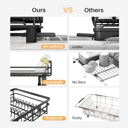 Expandable Dish Drying Rack for Kitchen Counter - Black - Over Sink, Rustproof Steel