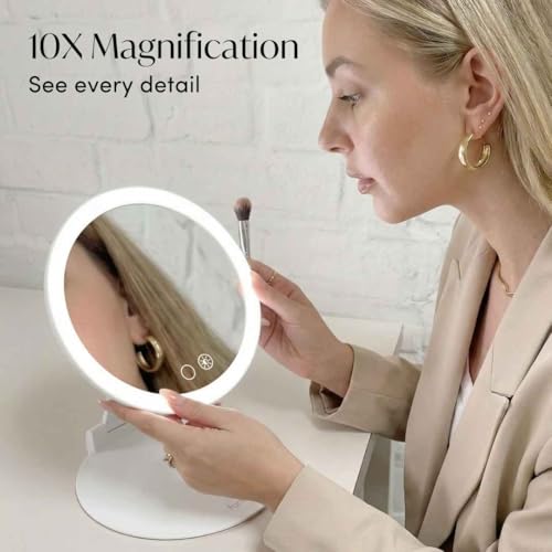 Travel Magnifying Makeup Mirror with Lights - 10x Magnification, Rechargeable, Adjustable Height Stand, Portable LED Vanity Mirror