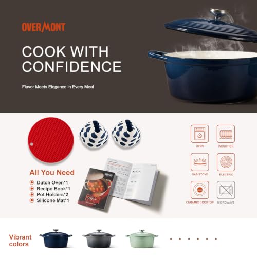Overmont 5.5QT Enamel Cast Iron Dutch Oven - Midnight Sapphire, Includes Lid & Potholders