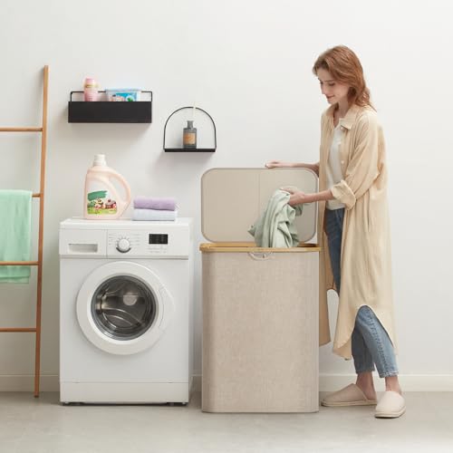 Large Laundry Basket with Lid and Removable Bags - 150L Beige, Collapsible & Easy Carry