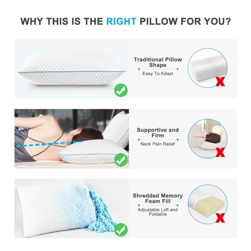 King Size Cooling Shredded Memory Foam Bed Pillows Set of 2 - Adjustable Support