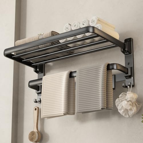 VOLDRA Matte Black 24-Inch Wall-Mounted Towel Rack with Foldable Towel Bar and 7 Hooks