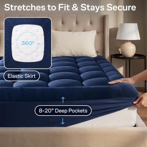 Navy Blue King Mattress Topper - Ultra Soft Bamboo Rayon, Back Pain Relief