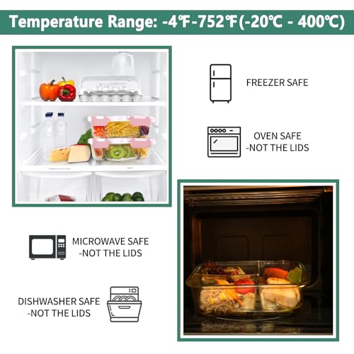 HOMBERKING Pink 8 Pack 3-Compartment Glass Meal Prep Containers 36oz