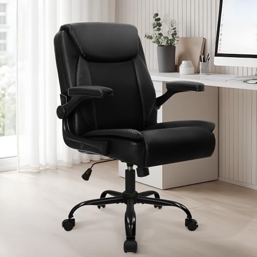 All Black PU Leather Office Desk Chair with Adjustable Arms - Ergonomic Comfort