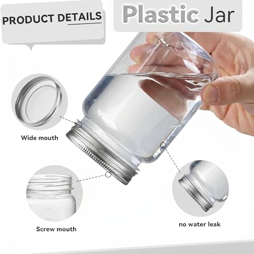 Silver 20 Pack 16 oz Plastic Mason Jars with Lids - Clear, Leakproof, Travel-Friendly