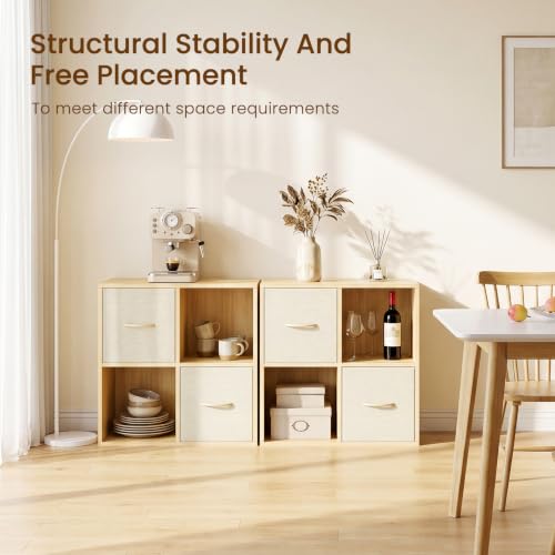 4 Cube Storage Organizer with 2 Bins - Solid Wood Cube Shelf for Bedroom, Living Room, Office - Variation of THIS listing