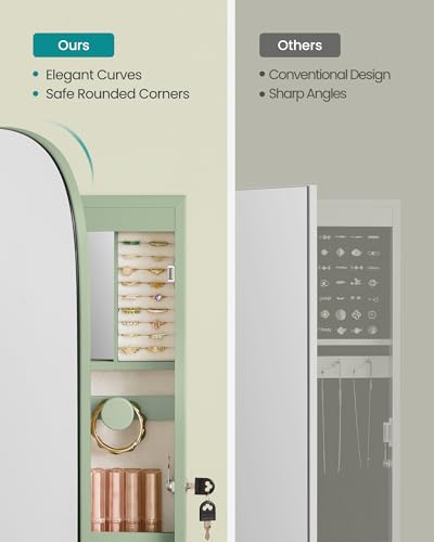 SONGMICS Laurel Green LED Wall Jewelry Cabinet & Mirror 42.5" H - Modern Wall-Mounted Organizer with Rounded Corner Mirror