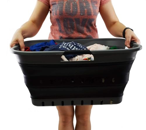Collapsible Laundry Basket with Handles - 42L Space Saver Storage Bin - Grey/Black