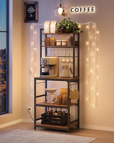 VASAGLE Rustic Brown 23.6W Bakers Rack with Power Outlet, Adjustable Shelf