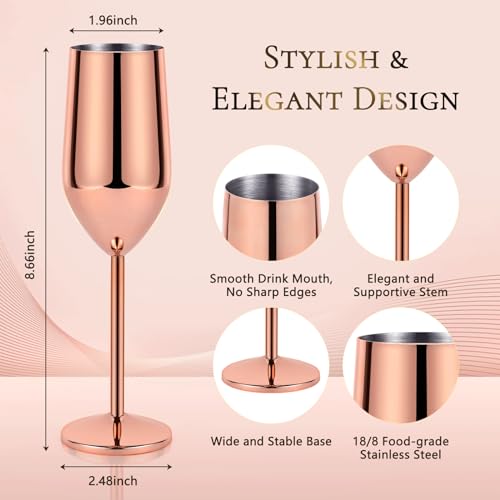 Lifecapido Rose Gold 6-Pack 8oz Stainless Steel Champagne Flutes Unbreakable Stemware for Party Wedding Gift