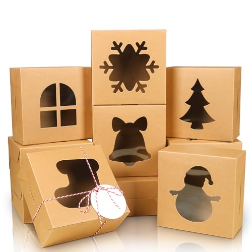 COTOPHER 30 Pcs Christmas Cookie Gift Boxes with Window, Brown, 6x6x3 Inches