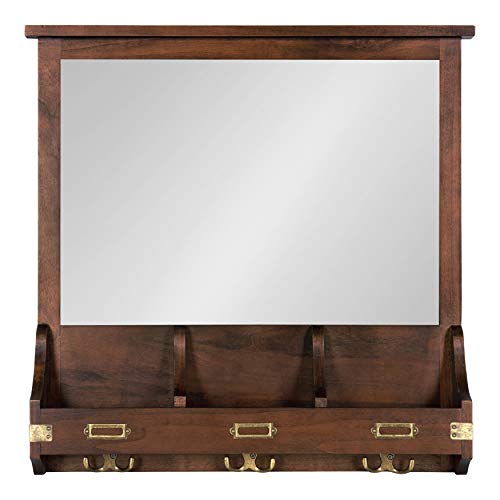 Wall Mounted Wood Home Organizer Mirror with Pockets & Hooks - Walnut 24"L x 3.5"W