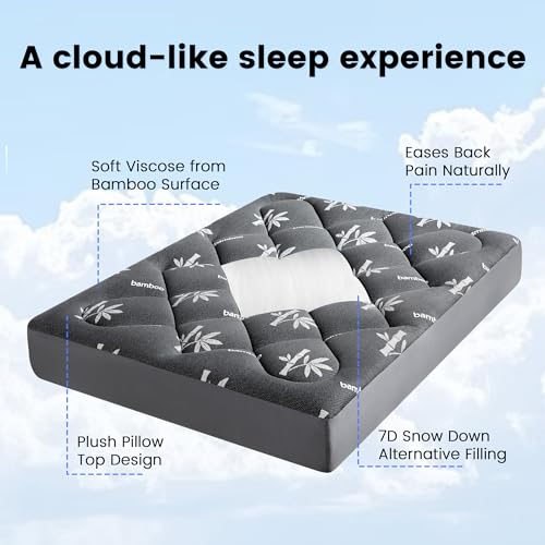 Queen Mattress Topper Black - Thick Viscose Bamboo Pillow Top, Deep Pocket Fit