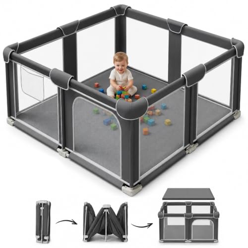 Grey 50x50 Inch Foldable Baby Playpen with Mesh Walls & Mat - Portable Indoor & Outdoor Safety Fence