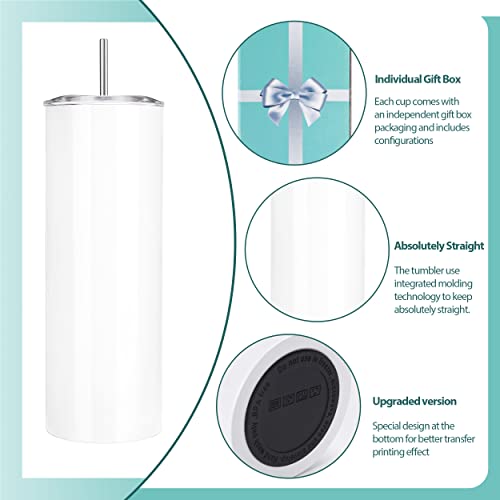 25 Pack 20oz White Sublimation Tumblers - Skinny Straight Drinkware with Gift Box