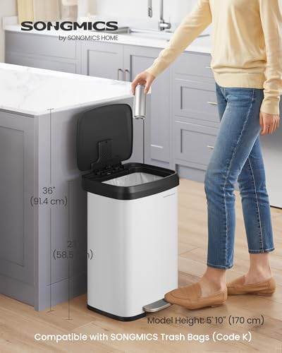 SONGMICS 13-Gallon Stainless Steel Kitchen Trash Can with Soft Close & White/Black Variation