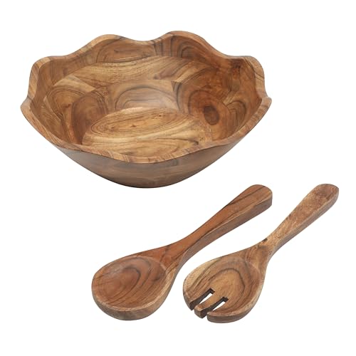 Acacia Wood Salad Bowl Set with Servers - 12-Inch Rustic Serving Dish with Utensils - Sandhurst / Acacia Wood 3-Piece Set