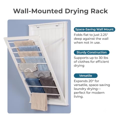 Wall-Mount Wooden Clothes Drying Rack – Supports 30 lb, White, Space-Saving
