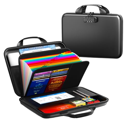 IPYIPY Black Fireproof Water-Resistant Document Organizer with Lock, 13-Pocket EVA File Box