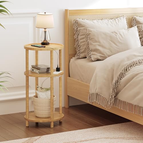 HOOBRO Natural Bamboo Small Round Side Table with Charging Station - 3-Tier, Compact End Table for Living Room & Bedroom, Easy Assembly (YL152UBZ01)