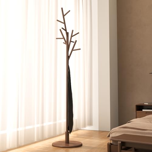 Muwuele Walnut Coat Rack Tree with 12 Hooks, Adjustable Height Freestanding Organizer