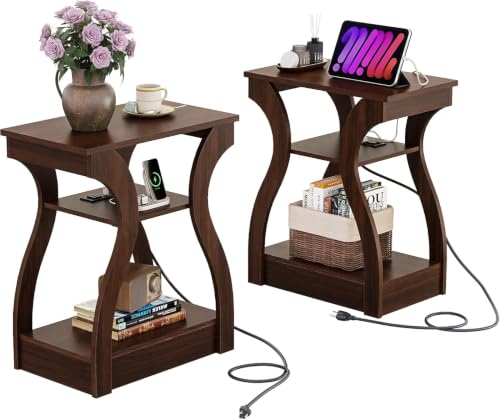 WLIVE End Tables Set of 2 with Charging Station - Cherry Finish