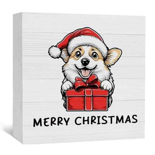 Corgi Christmas Decorations, Corgi Christmas Wooden Box Sign, Corgi Decor, Merry Christmas Cute Santa Corgi Gift Box Wood Signs for Home Office Desk Shelf Table Decor, 5x5 Inch