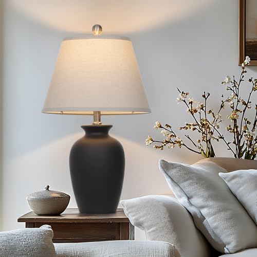 Black Ceramic Farmhouse Table Lamp - 22 Inch Rustic Ginger Jar Accent Light