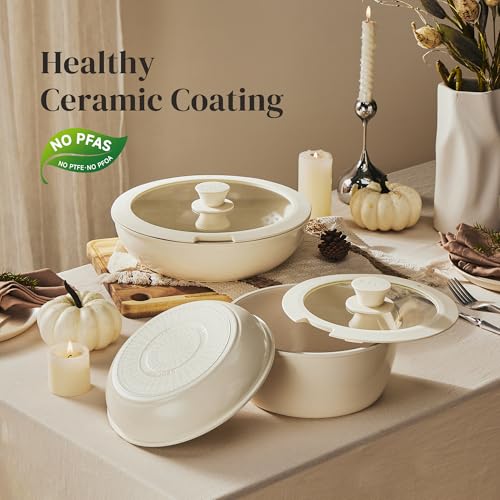 Redchef 16pcs Beige Ceramic Pots and Pans Set with Detachable Handles – Space-Saving Nonstick Cookware