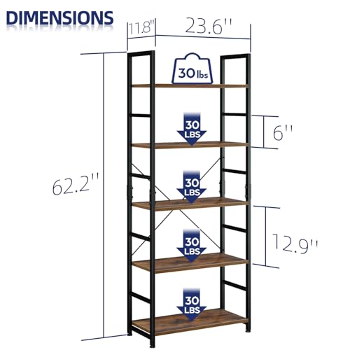 NUMENN Vintage 5-Tier Freestanding Bookshelf Tall Open Storage Bookcase